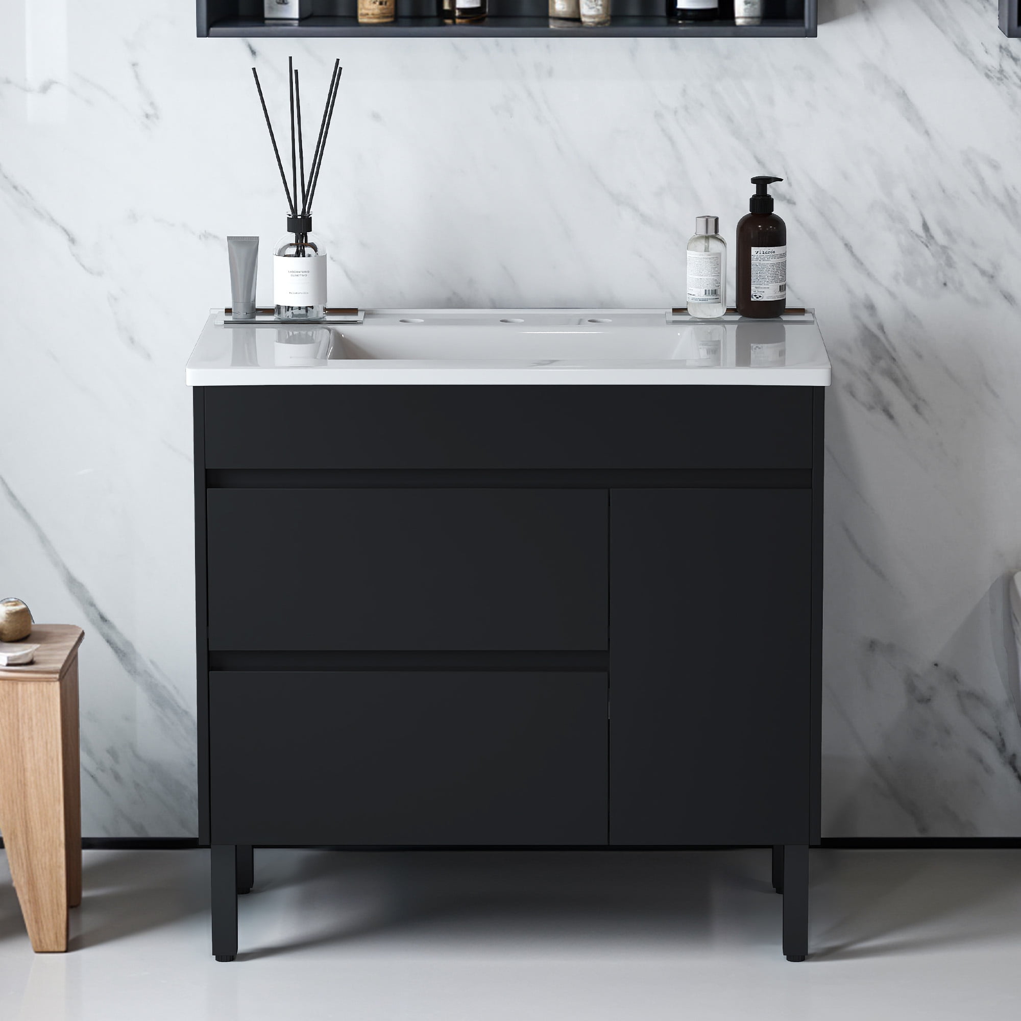 Uforic 37" Bathroom Vanity with Top Sink, Modern Free Standing Bathroom Storage Cabinet with Soft Close Door, Black