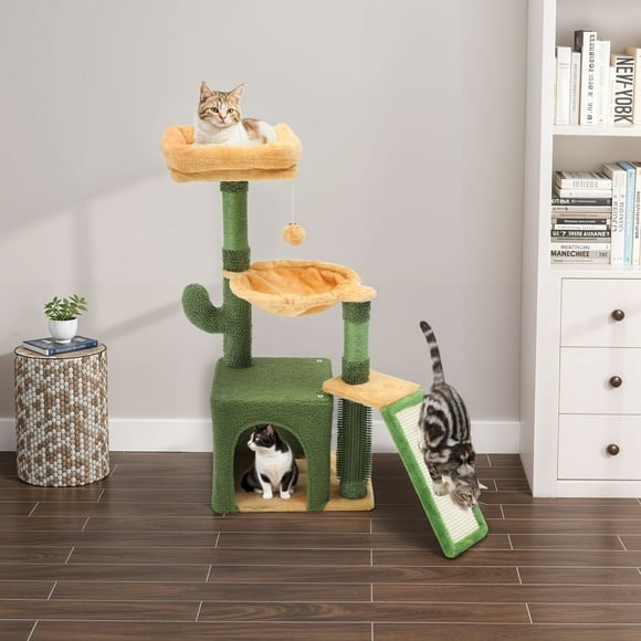 Uforic 37" Cactus Cat Tree Tower with Sisal Scratching Posts, Cat Climbing Tower for Indoor Cats with Cat Condo & Hammock, Green&Yellow