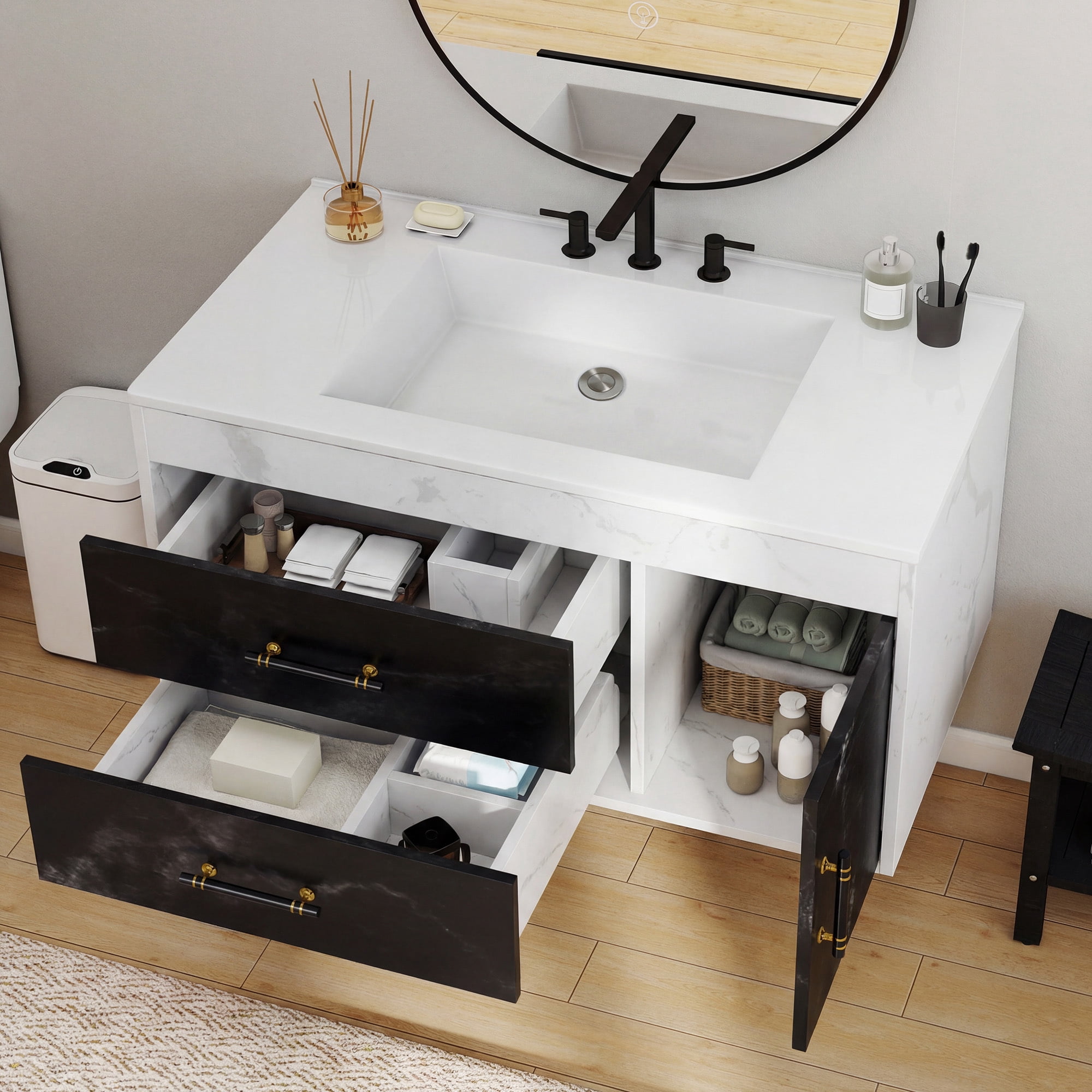 Uforic 37 Inch Floating Bathroom Vanity with Sink, Wall Mounted Bathroom Vanity Cabinet with 2 Drawers & Pre-drilled Three Holes, Modern Black-White Color Block with Marble Texture