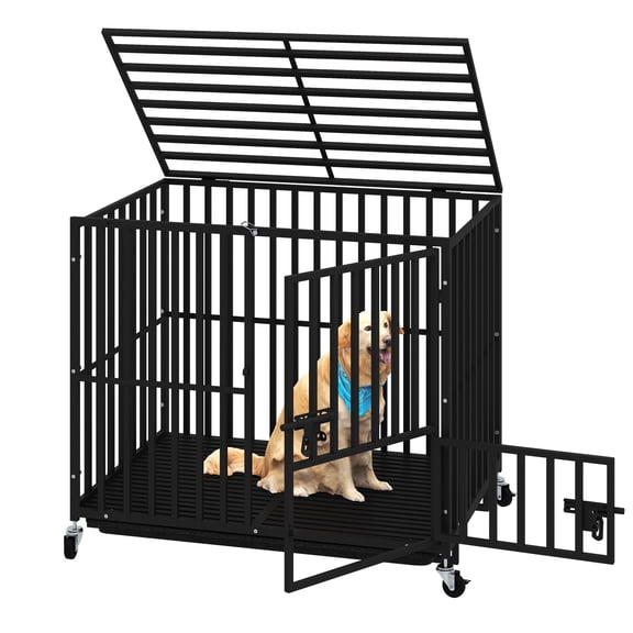 Uforic 37-Inch Heavy Duty Dog Crate with Lockable Wheels, Escape Proof Dog Cage Kennel with Removable Tray - Black