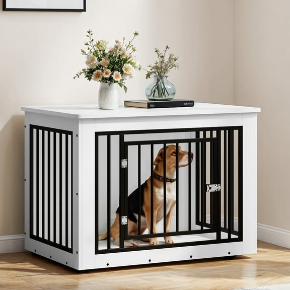Uforic 38.2" Dog Crate Furniture, 2-in-1 Iron-Wood Indoor Dog Cage with Lockable Door, Safety Corners, and Waterproof Top, White
