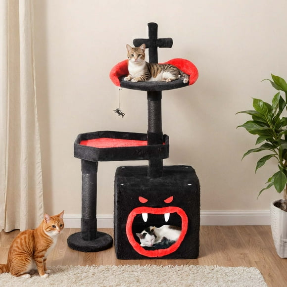 Uforic 38.5" Gothic Cat Tree with Coffin Bed, Tall Halloween Cat Tower for Indoor Cats with Sisal Scratching Posts, Black