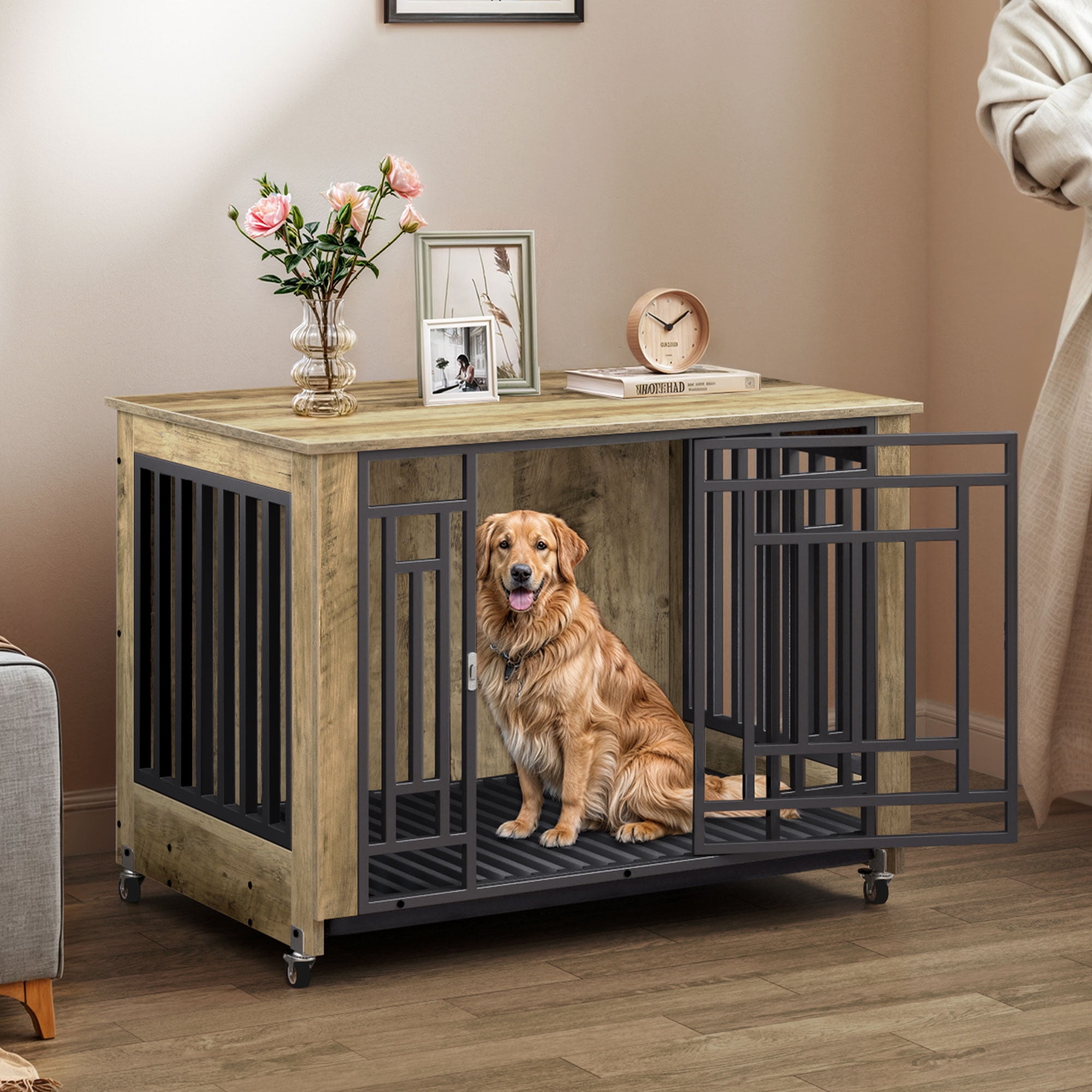 Uforic 38" Dog Crate Furniture with 4 Wheels, Indoor Furniture Style Wooden Large Dog Kennel, Greige