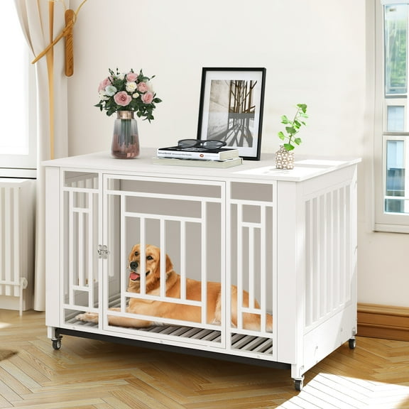 Uforic 38" Dog Crate Furniture with 4 Wheels, Indoor Furniture Style Wooden Large Dog Kennel, White