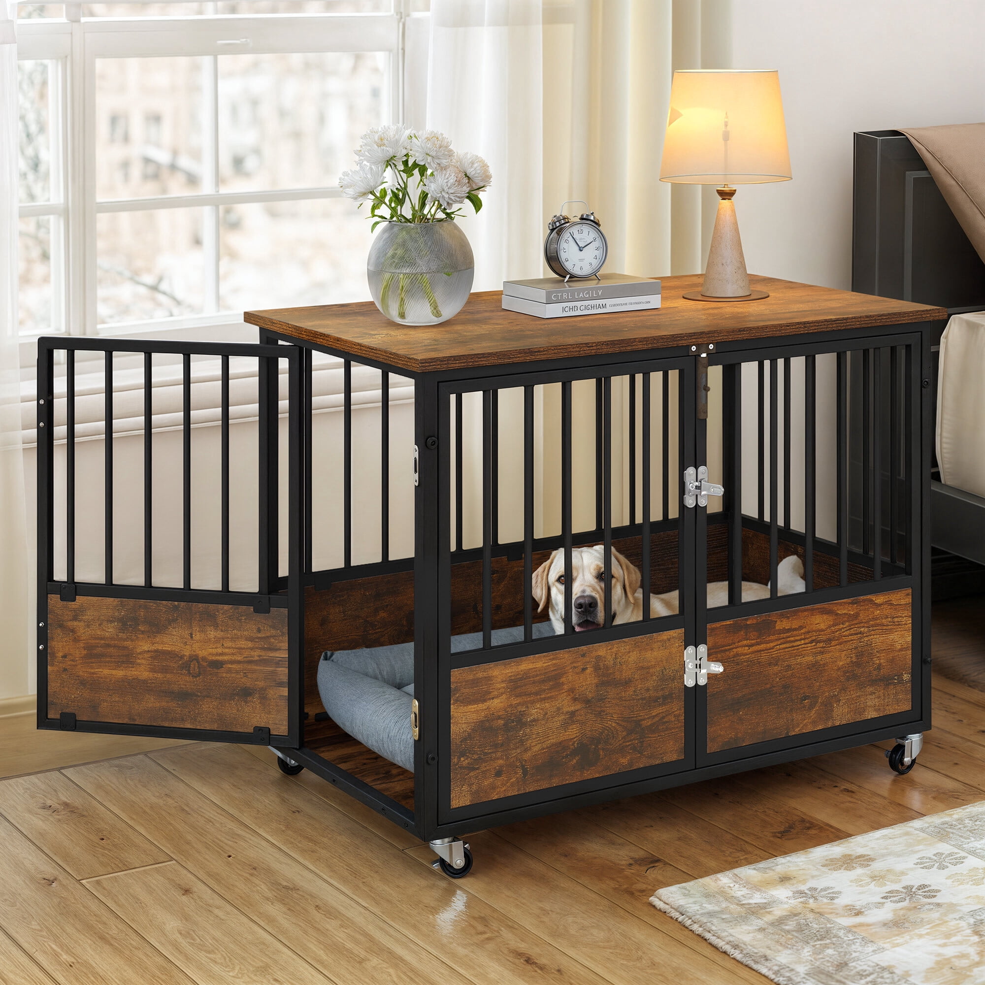 Uforic 38" Dog Crate Furniture with Double-Doors, Wooden Indoor Dog Kennel,Dog Cage for Indoor, Rustic Brown