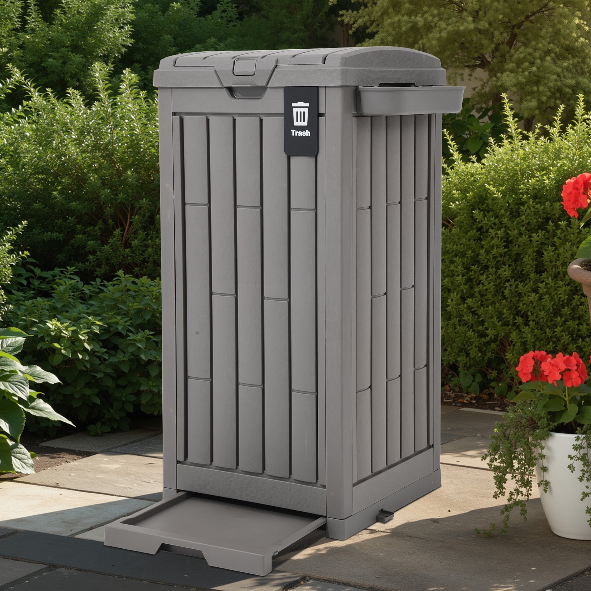 Uforic 38 Gallon Outdoor Resin Trash Can with Lid, Includes Sorting Labels, Ash Holder, Stakes & Suction Cups, Hideaway Storage for Patio Backyard Garden, Light Brown