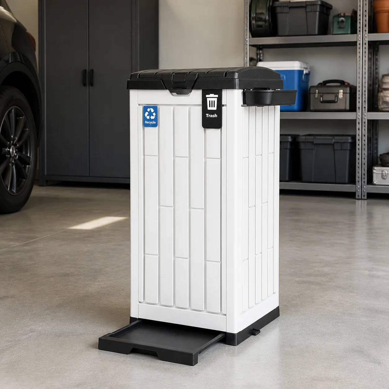 Uforic 38 Gallon Outdoor Trash Can, Resin Garbage Bin with Sorting Labels, Ash Holder, Lid, Stakes & Suction Cups for Patio Backyard Garden, White