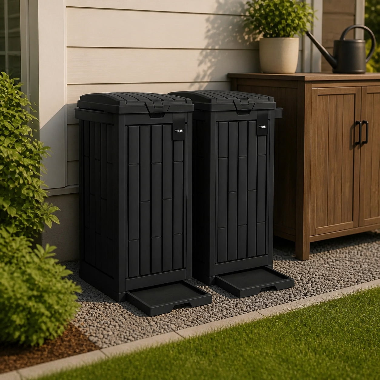 Uforic 38 Gallon Outdoor Trash Can Set of 2, Resin Garbage Bins with Lid, Sorting Labels, Ash Holder, Stakes & Suction Cups for Patio Backyard Garden, Black