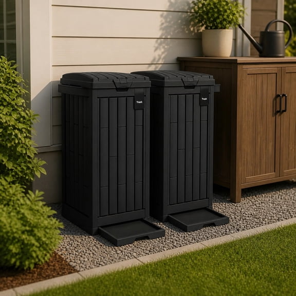 Uforic 38 Gallon Outdoor Trash Can Set of 2, Resin Garbage Bins with Lid, Sorting Labels, Ash Holder, Stakes & Suction Cups for Patio Backyard Garden, Black