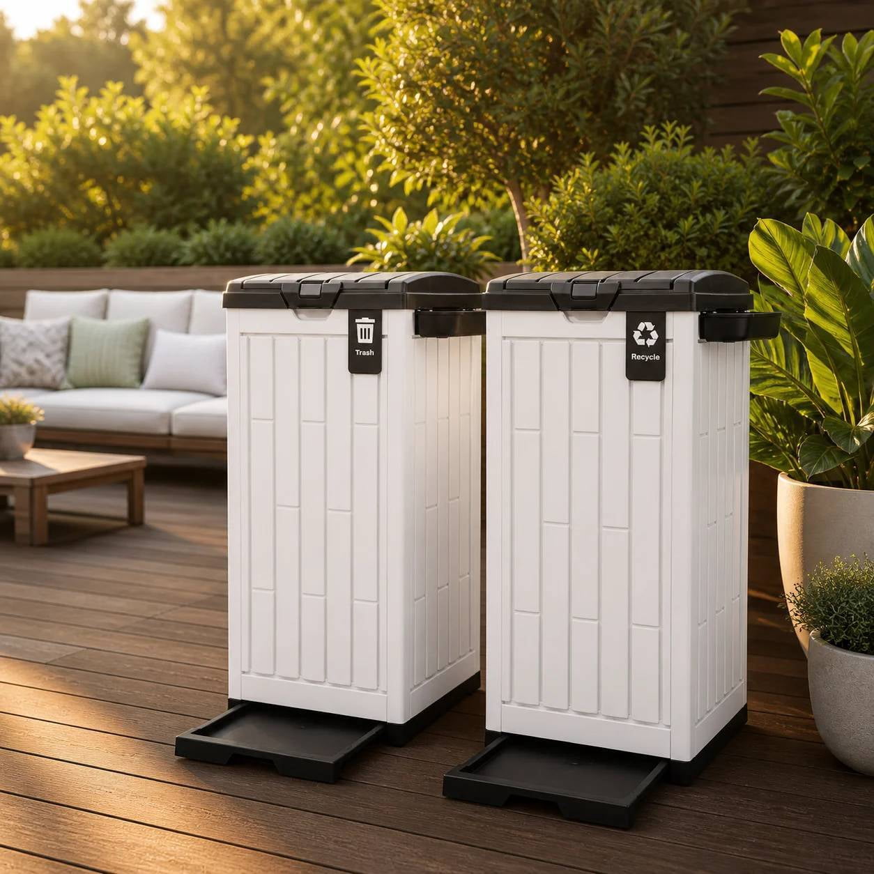 Uforic 38 Gallon Outdoor Trash Can Set of 2, Resin Garbage Bins with Lid, Sorting Labels, Ash Holder, Stakes & Suction Cups for Patio Backyard Garden, White