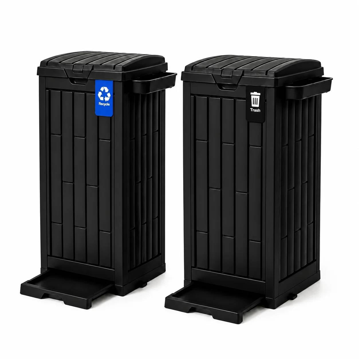Uforic 38 Gallon Outdoor Trash Can, Set of 2 Resin Garbage Bins with Lids, Sorting Labels, Ash Holder, Stakes & Suction Cups, Outdoor Waste Storage for Patio Backyard Garden, Black
