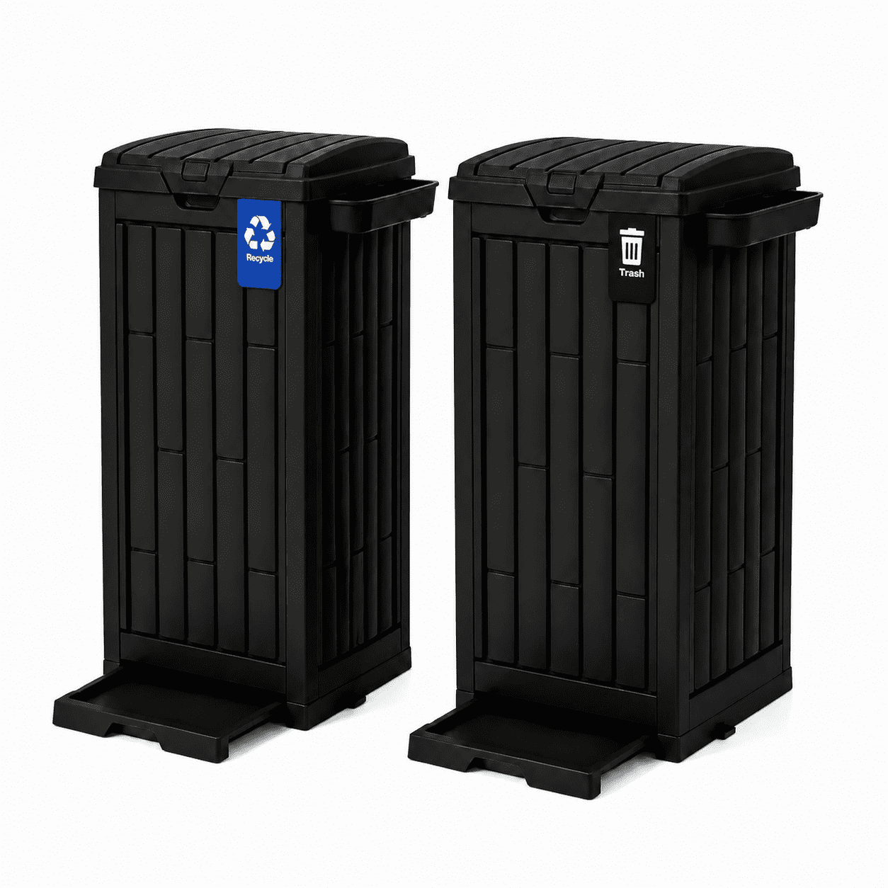 Uforic 38 Gallon Outdoor Trash Can, Set of 2 Resin Garbage Bins with Lids, Sorting Labels, Ash Holder, Stakes & Suction Cups, Outdoor Waste Storage for Patio Backyard Garden, Black