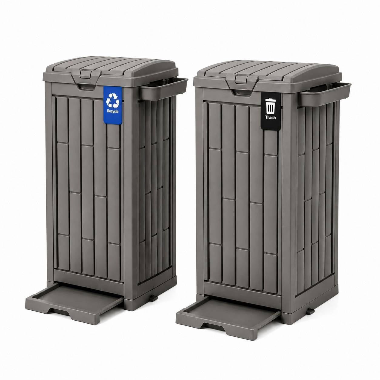 Uforic 38 Gallon Outdoor Trash Can, Set of 2 Resin Garbage Bins with Lids, Sorting Labels, Ash Holder, Stakes & Suction Cups, Outdoor Waste Storage for Patio Backyard Garden, Light Brown
