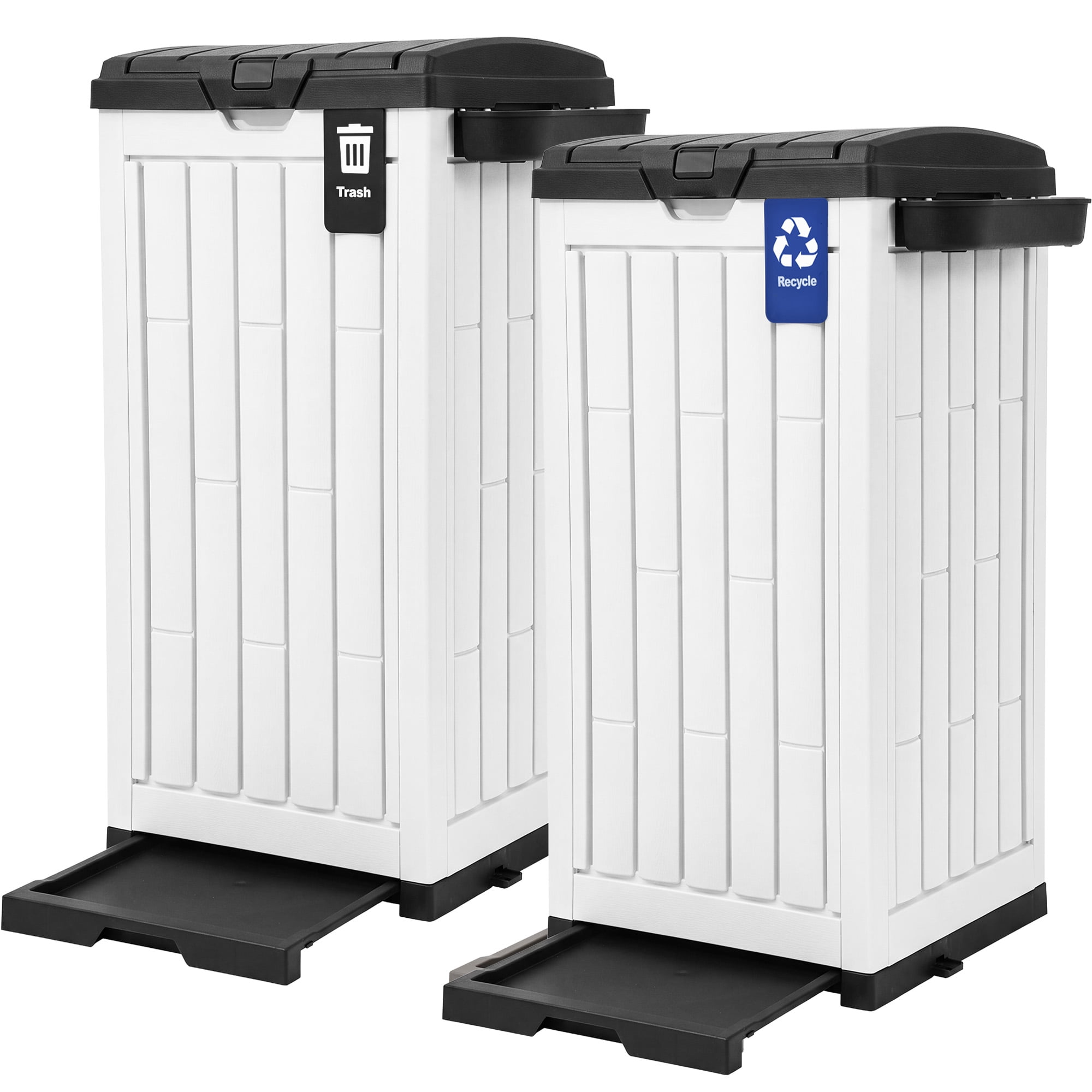 Uforic 38 Gallon Outdoor Trash Can, Set of 2 Resin Garbage Bins with Lids, Sorting Labels, Ash Holder, Stakes & Suction Cups, Outdoor Waste Storage for Patio Backyard Garden, Black&White
