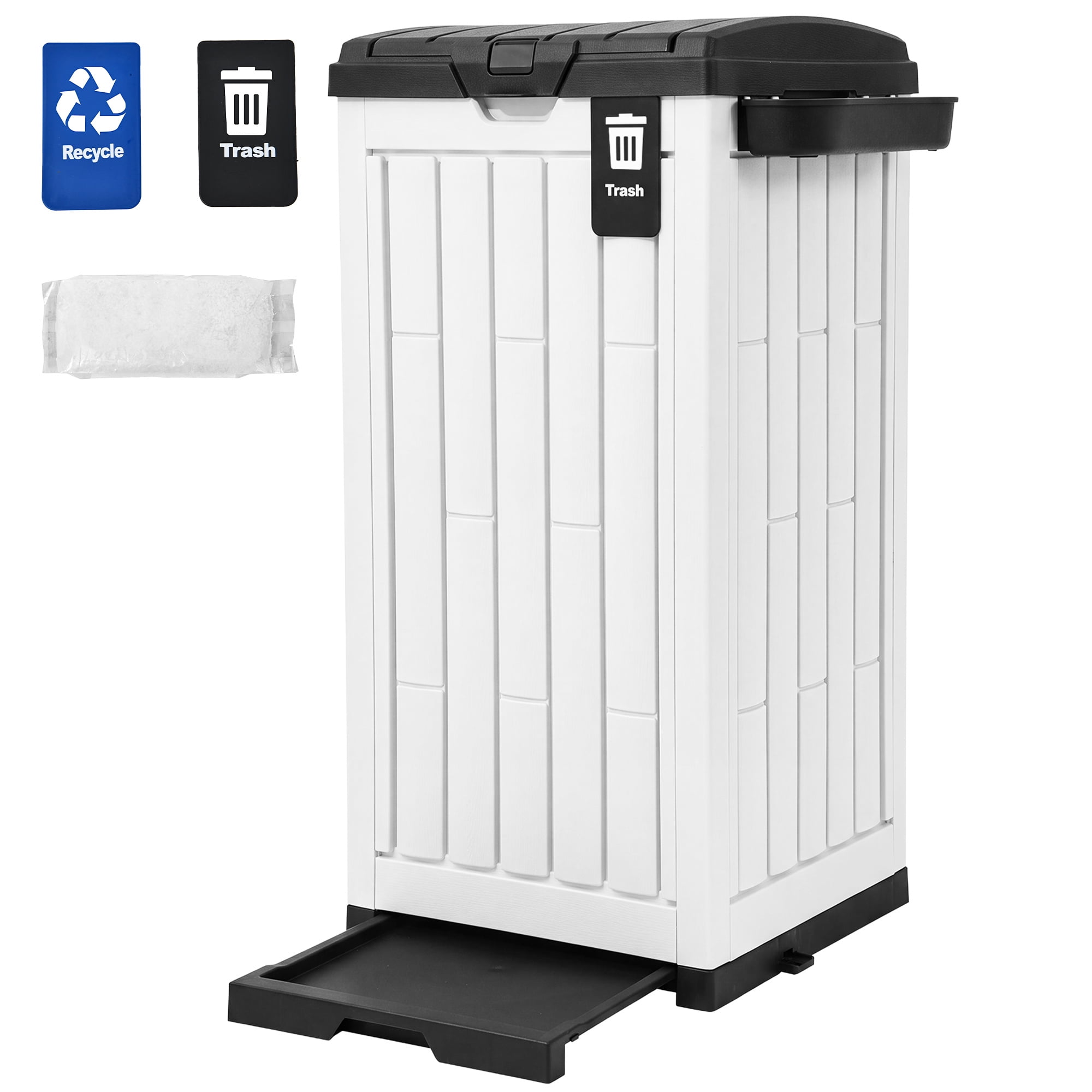 Uforic 38 Gallon Resin Outdoor Trash Can with Lid, Sorting Labels, Ash Holder, Stakes & Suction Cups for Patio Backyard, Black and White