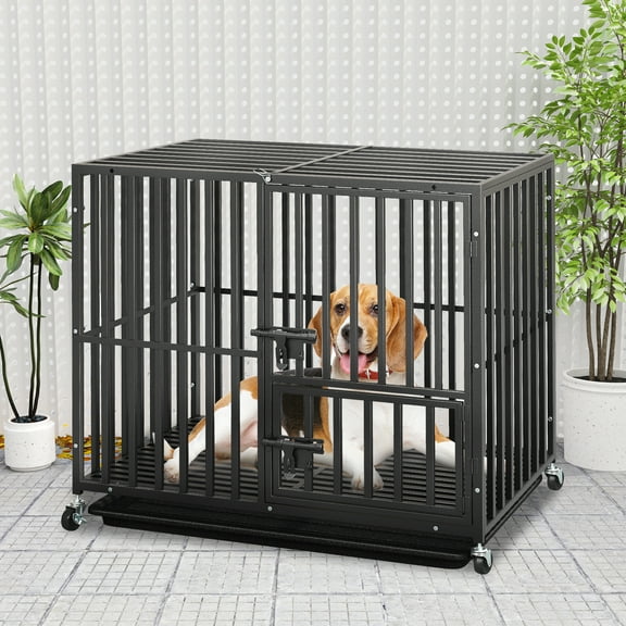 Uforic 38" Heavy Duty Dog Crate for Large Dogs with Lockable Wheels,Dog Kennel with Removable Tray