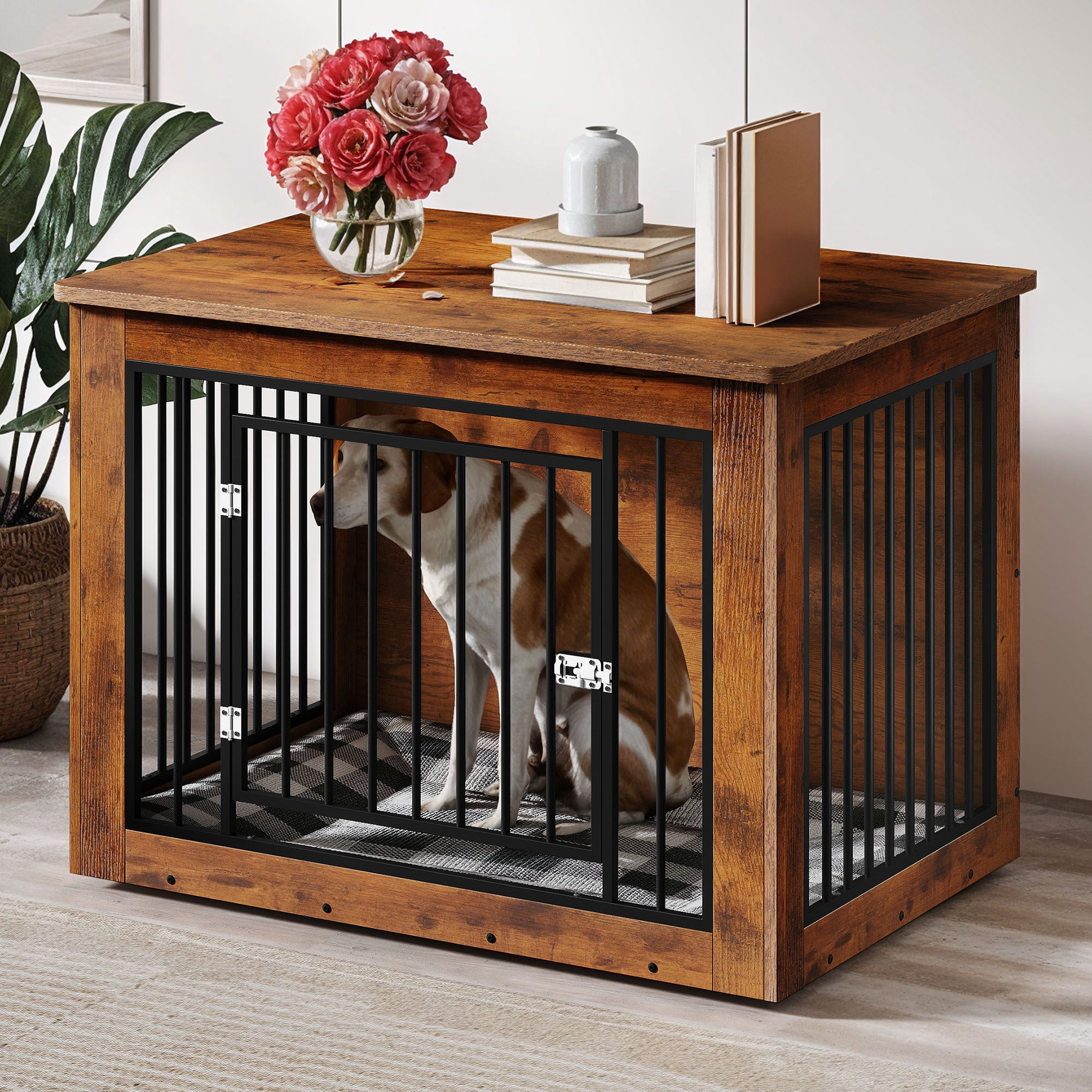 Uforic 38 Inch 2-in-1 Iron-Wood Fusion Indoor Dog Kennel Side End Table for Large Dogs, Waterproof Top & Safety Rounded Corner with Steel Lock, Holds up to 60 lbs, Rustic Brown