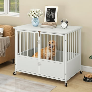 Uforic 38-Inch Wooden Dog Crate Furniture with Wheels and Double-Doors,Dog Kennel,Dog Cage for Indoor - White