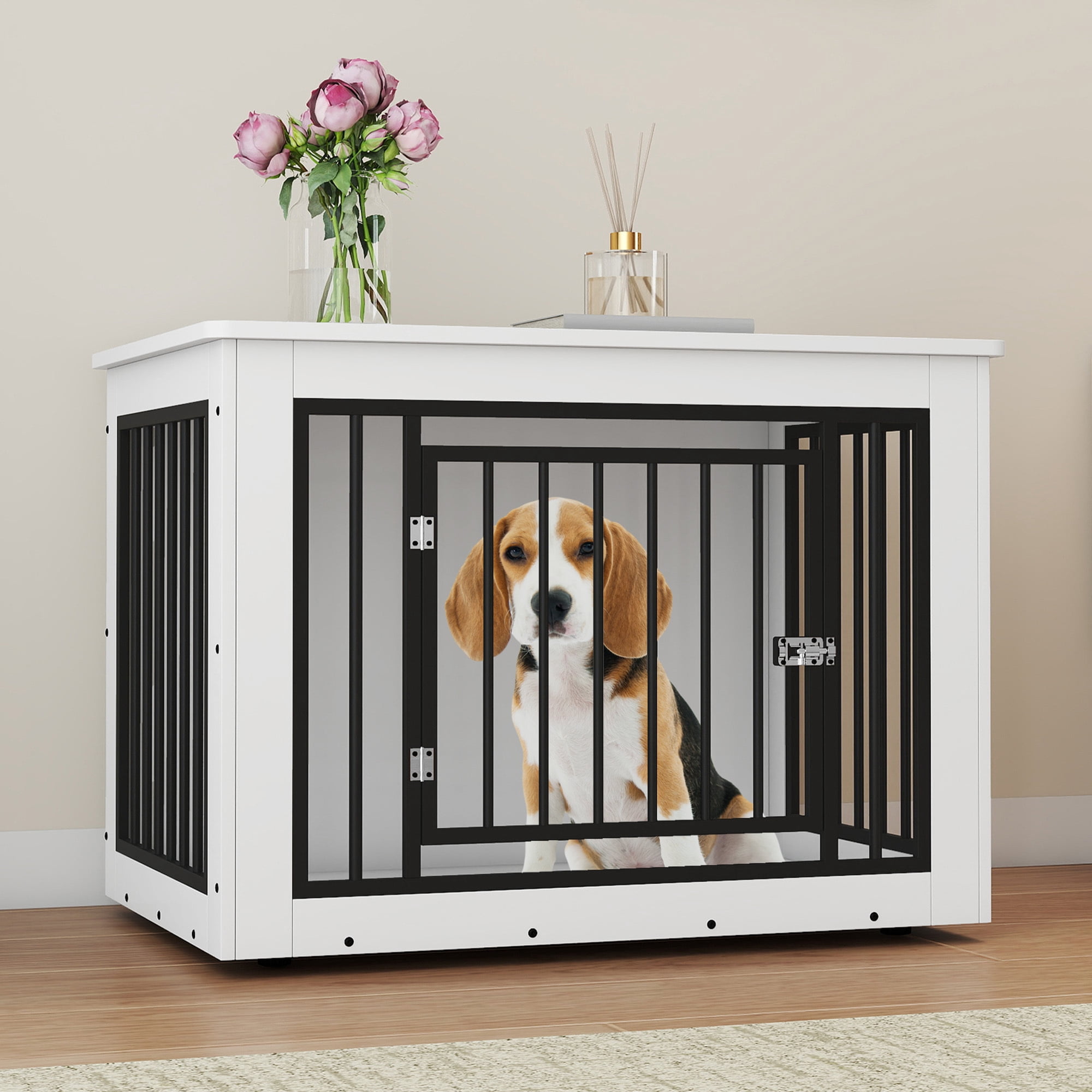 Uforic 38 Inch Wooden Dog Crate Table, Waterproof Top & Safe Round Edge, Multi-Purpose End Table Dog House for Medium Dogs, White