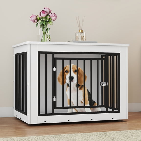 Uforic 38 Inch Wooden Dog Crate Table, Waterproof Top & Safe Round Edge, Multi-Purpose End Table Dog House for Medium Dogs, White
