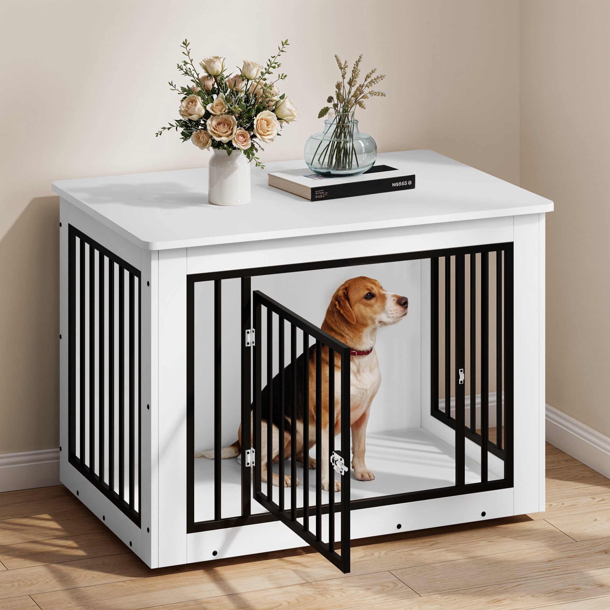 Uforic 38" Wooden Indoor Dog Kennel with Chew Resistant Metal Frame, with Waterproof Top & Rounded Corners for Indoor Use, White