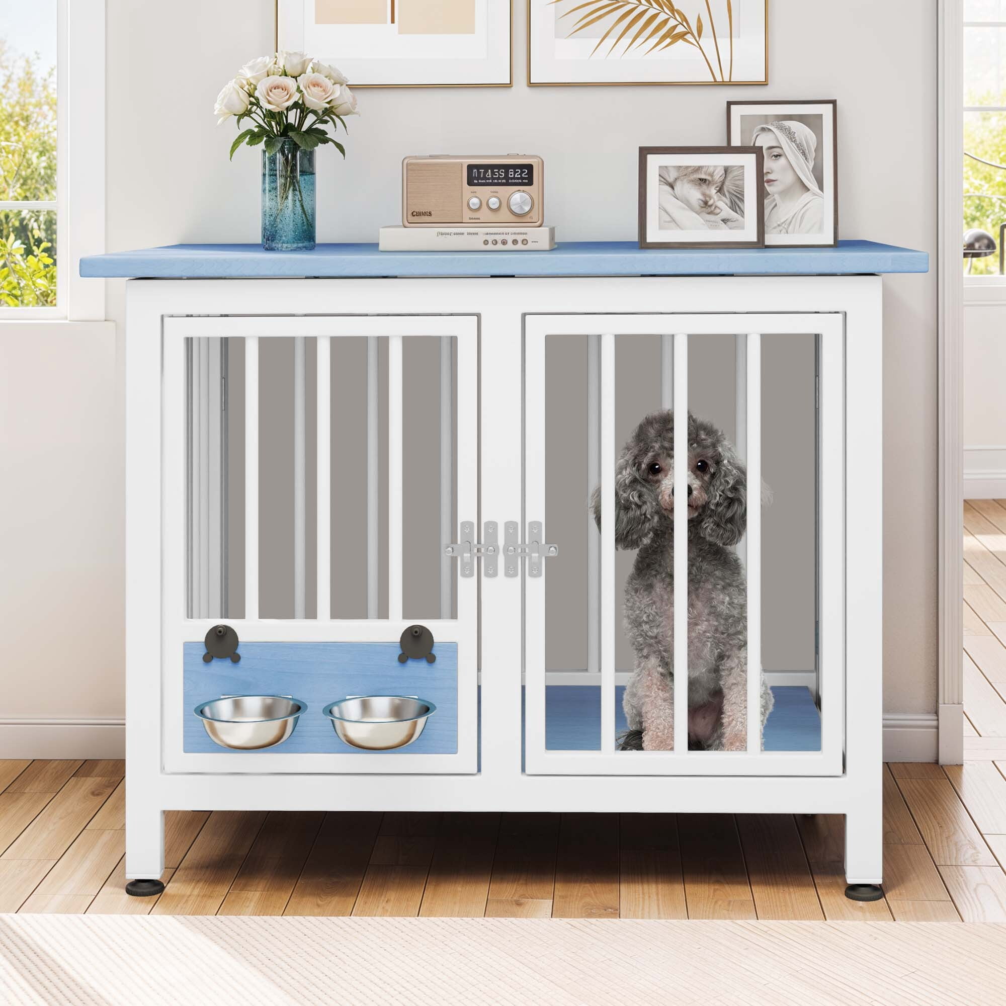Uforic 39.3" Foldable Wooden Indoor Dog Cage Table with 360° Rotatable Bowls& Adjustable Feet, White&Blue