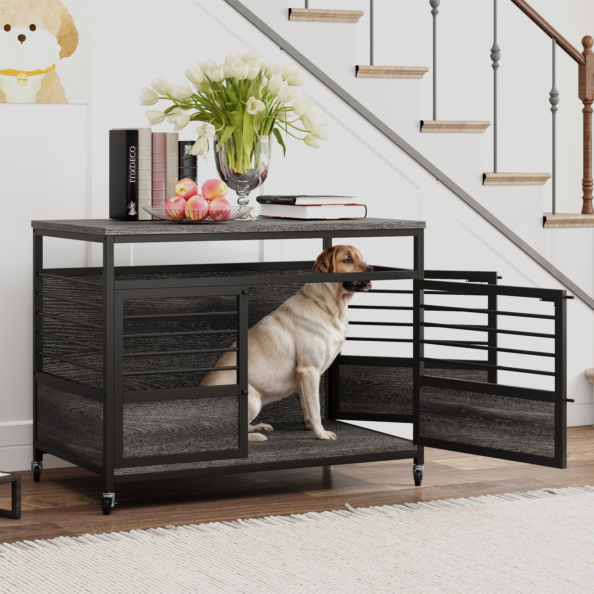 Uforic 39.4 Inch Dog Crate Furniture with Wheels,Wooden Dog Kennel for Dogs - Gray