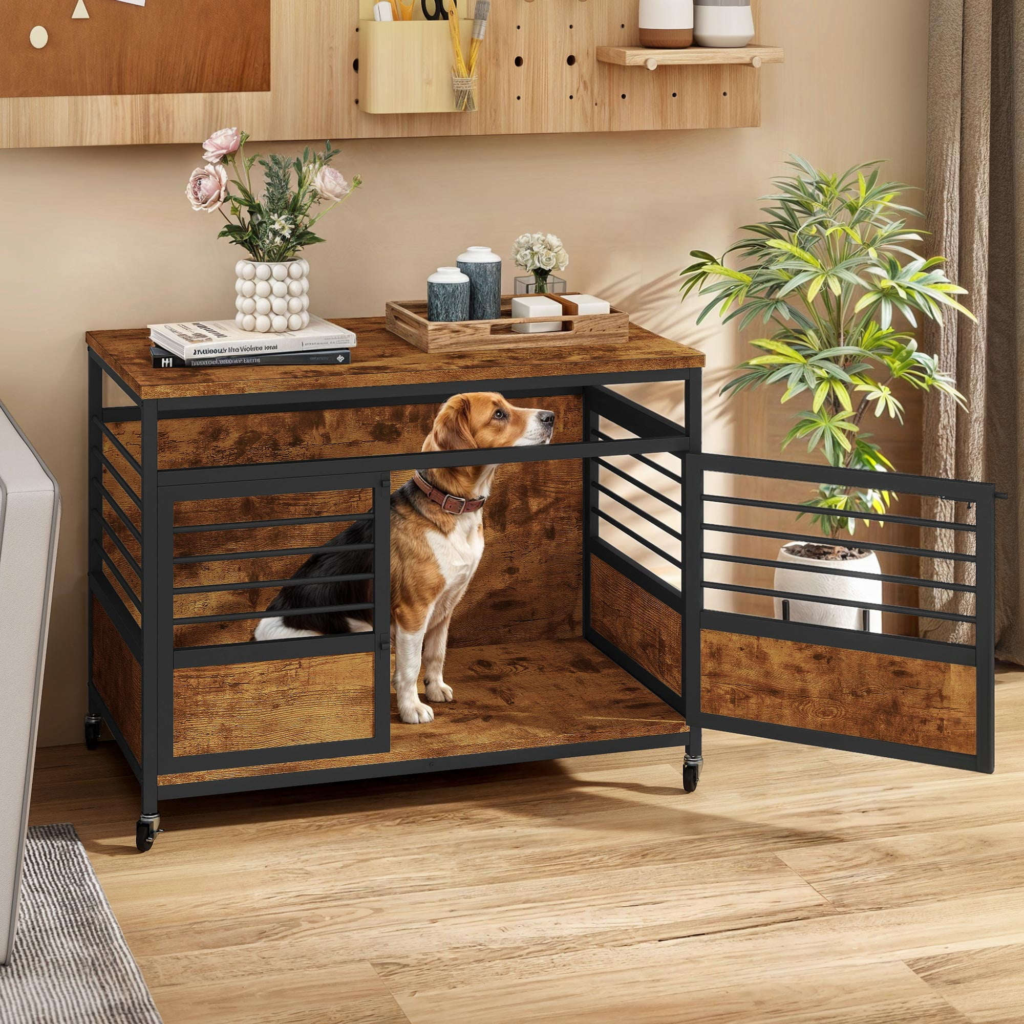 Uforic 39.4 Inch Dog Crate Furniture with Wheels,Wooden Dog Kennel for Dogs - Rustic Brown