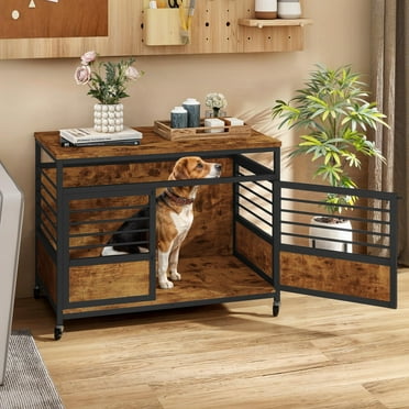 Uforic 39.4 Inch Dog Crate Furniture with Wheels,Wooden Dog Kennel for Dogs - Rustic Brown