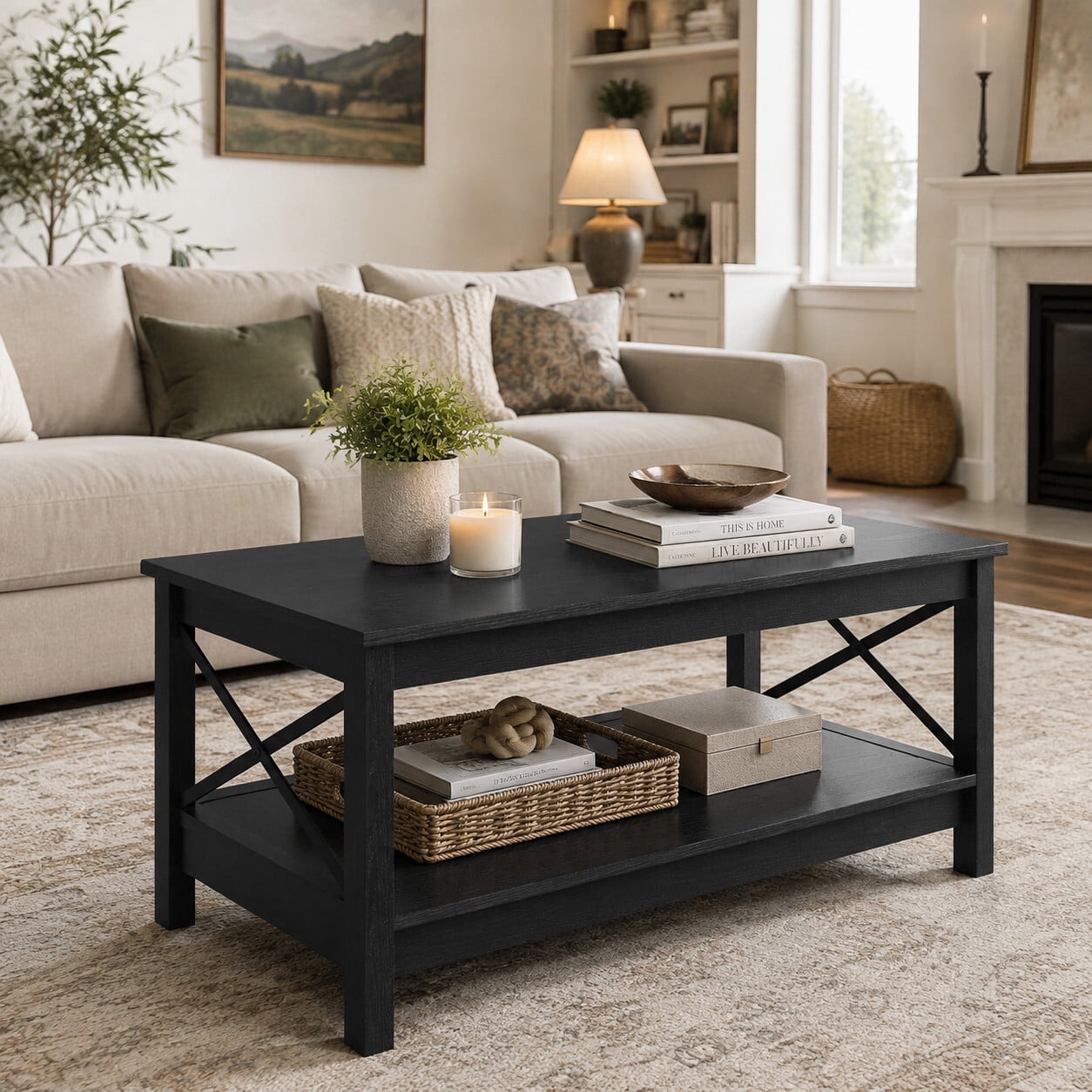 Uforic 39.4 Inch Rectangular Coffee Table with Side X-Support Frame, Thickened Legs & Floor Protection Footpads, Black