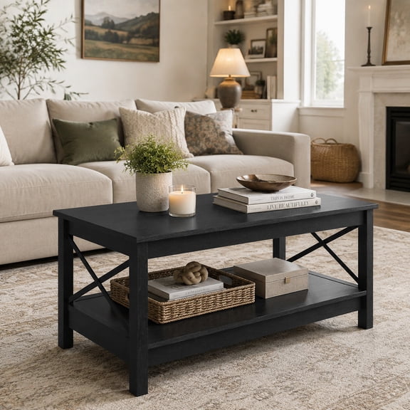 Uforic 39.4 Inch Rectangular Coffee Table with Side X-Support Frame, Thickened Legs & Floor Protection Footpads, Black