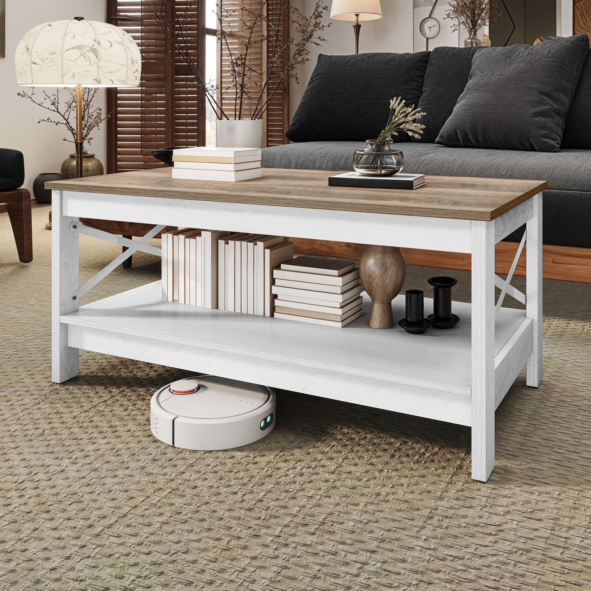 Uforic 39.4 Inch Rectangular Coffee Table with Side X-Support Frame, Thickened Legs & Floor Protection Footpads, Gray