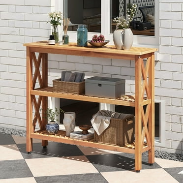 Uforic 39.4" Outdoor Console Table with Storage Shelves, Weatherproof Wood Side Table, Natural