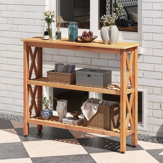 Uforic 39.4" Outdoor Console Table with Storage Shelves, Weatherproof Wood Side Table, Natural