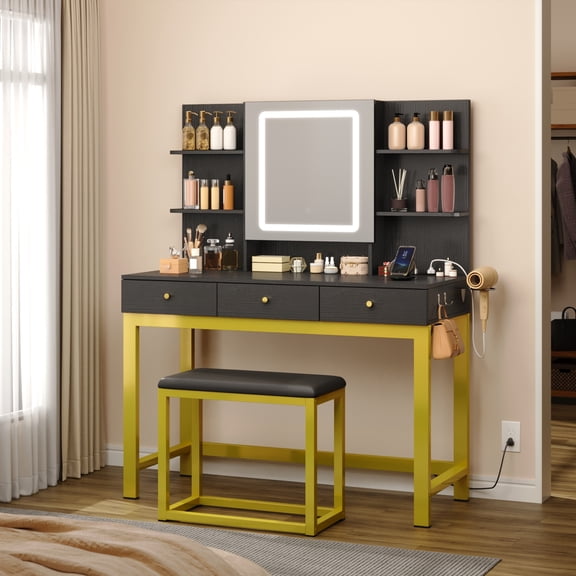 Uforic 39" Black Vanity Desk with Dimmable LED Mirror, 3 Drawers, USB Charging Hub & Hairdryer Holder – Includes Stool