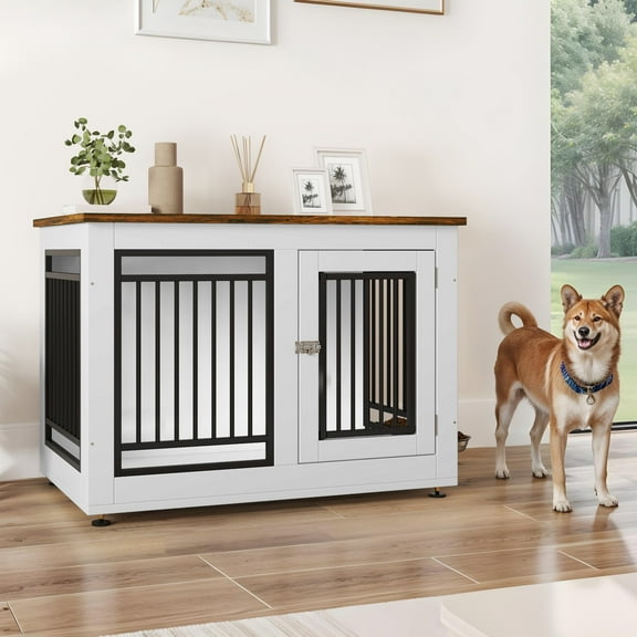 Uforic 39" Dog Crate Furniture, Wooden Indoor Dog Kennel with Adjustable Feet and 2 Removable Bowls, Dog Crate Side End Table, White