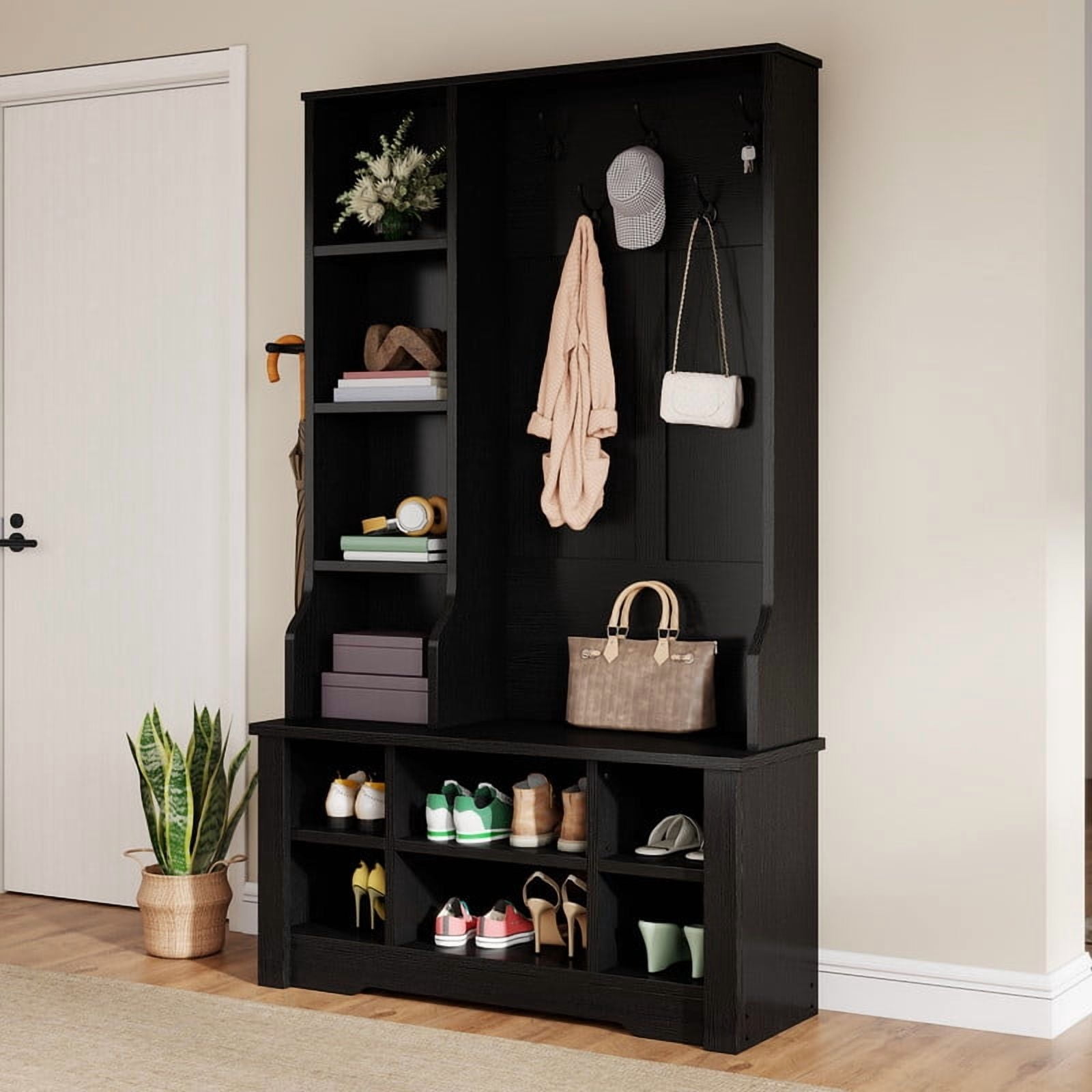 Uforic 39" Hall Tree with Shoe Storage, Coat Rack with Bench for Entryway Corner Narrow Adjustable Shelf, Black