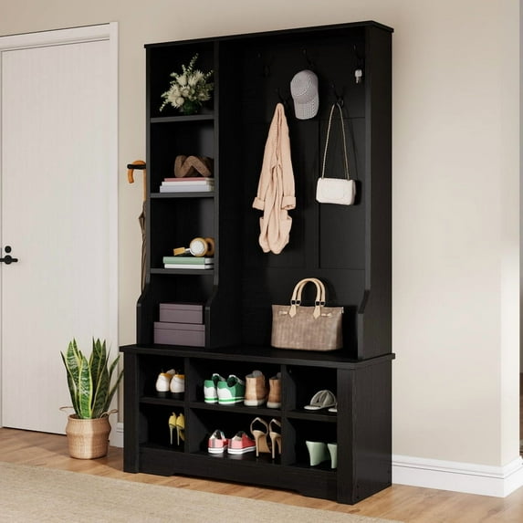 Uforic 39" Hall Tree with Shoe Storage, Coat Rack with Bench for Entryway Corner Narrow Adjustable Shelf, Black