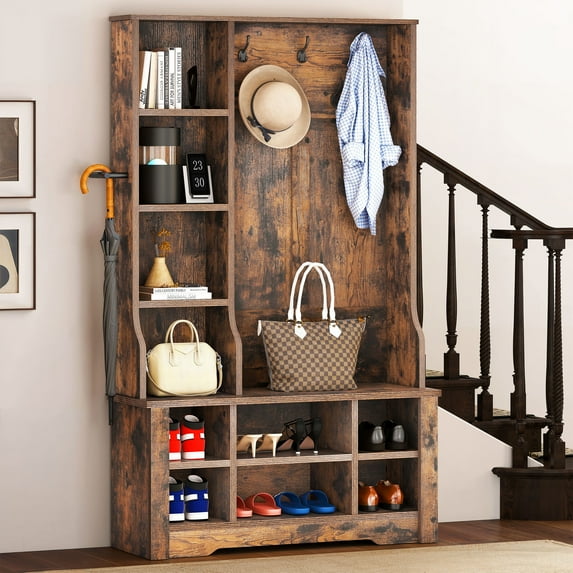Uforic 39" Hall Tree with Shoe Storage, Coat Rack with Bench for Entryway Corner Narrow Adjustable Shelf, Brown