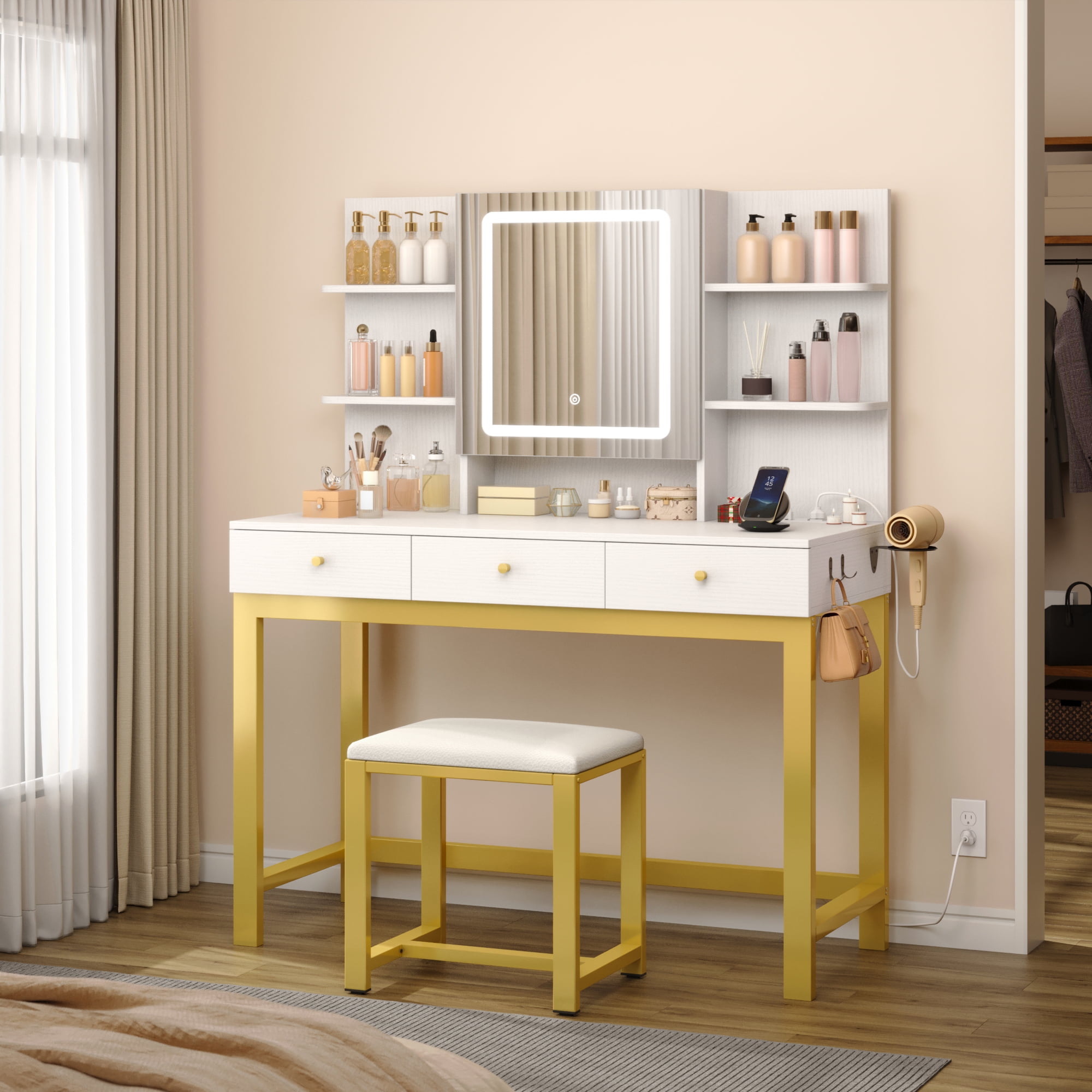 Uforic 39-Inch White Vanity Desk with Dimmable LED Mirror, Padded Stool, and Storage for Modern Bedrooms