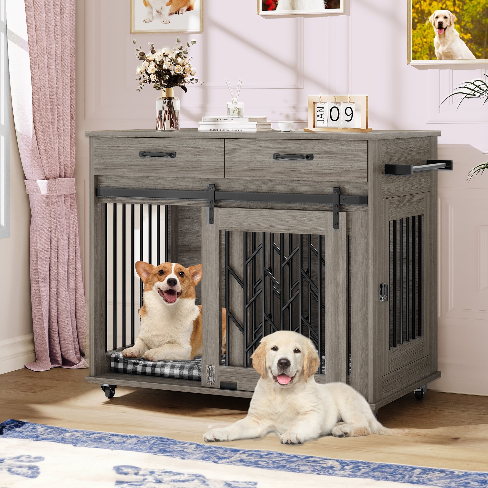Uforic Grey 39 Inch Indoor Dog Crate Furniture End Table with Drawer ... - Compact Dog Crate With Wheels