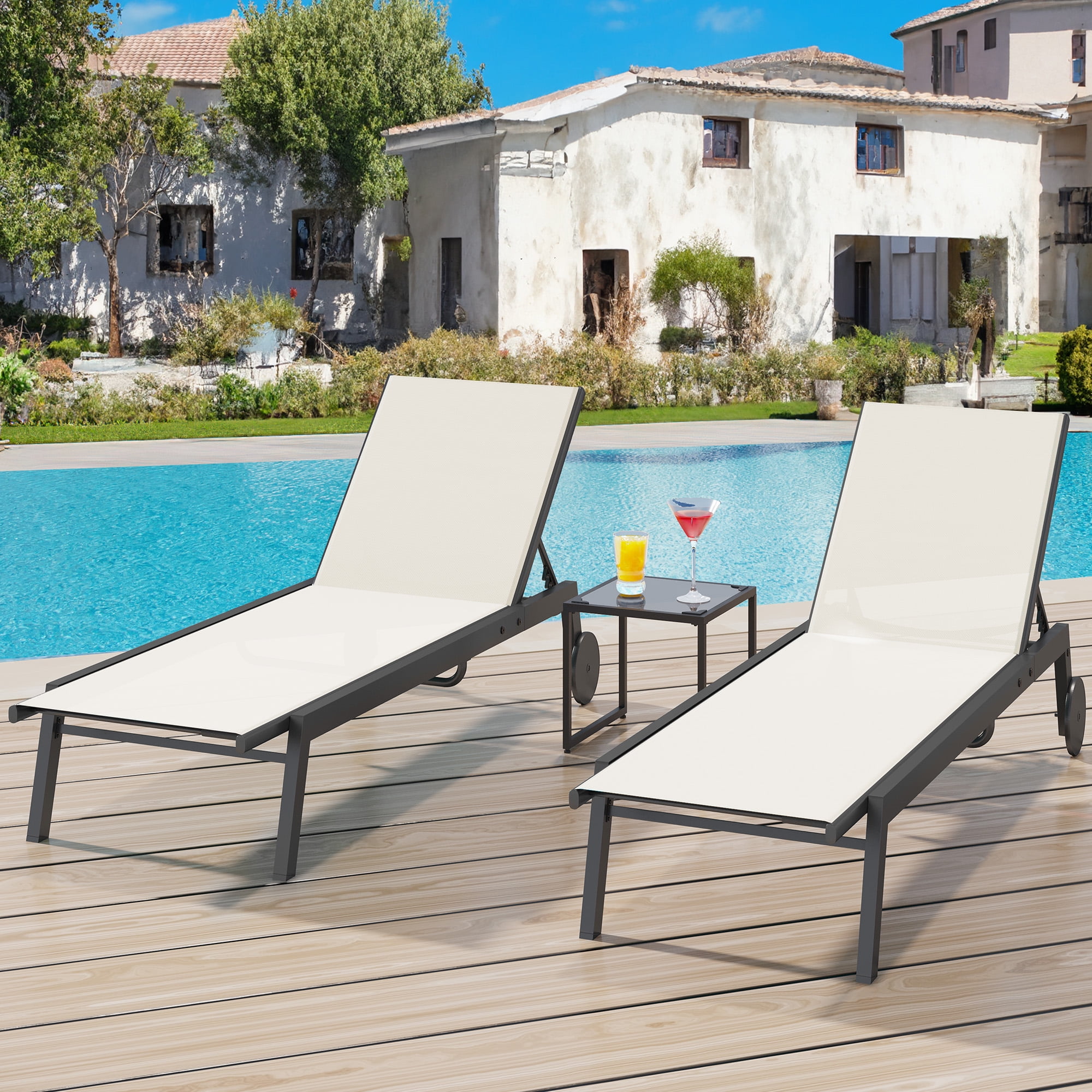Uforic 3pcs Outdoor Chaise Lounge Set, 2 Adjustable Loungers with Side Table, Wheels, Beige