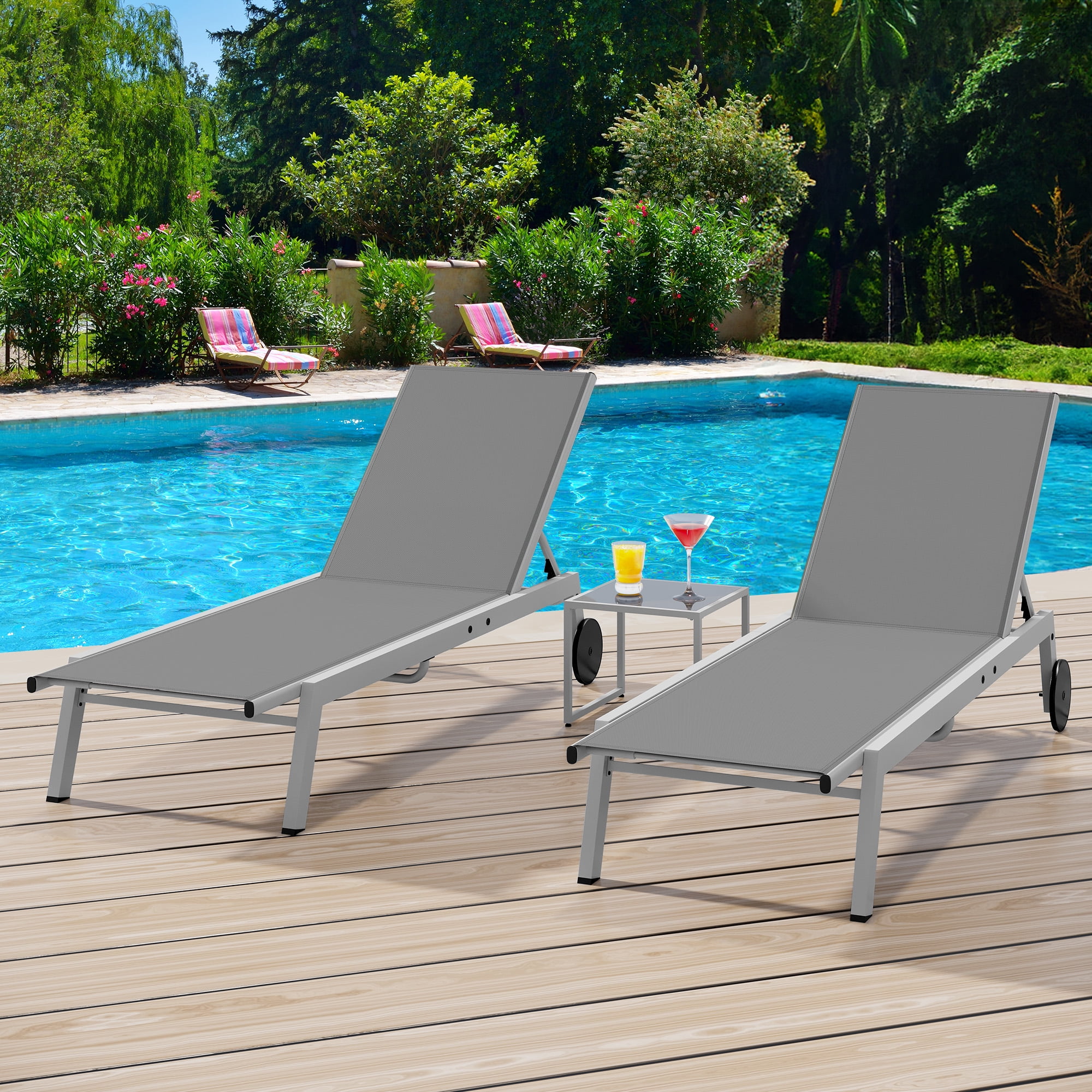 Uforic 3pcs Outdoor Chaise Lounge Set, 2 Adjustable Loungers with Side Table, Wheels, White+Gray