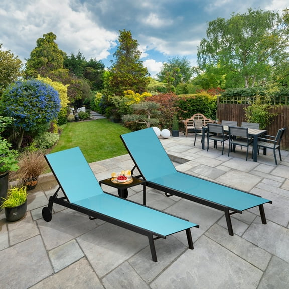 Uforic 3pcs Patio Chaise Lounge Set, 2 Adjustable Poolside Loungers with Table & Wheels, Blue