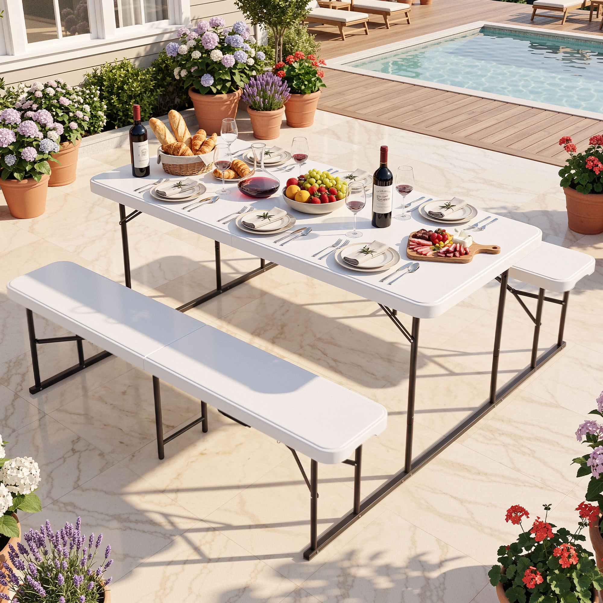 Uforic 4.5' Folding Picnic Table with Benches, HDPE Top & Iron Frame, Portable for Camping Backyard White
