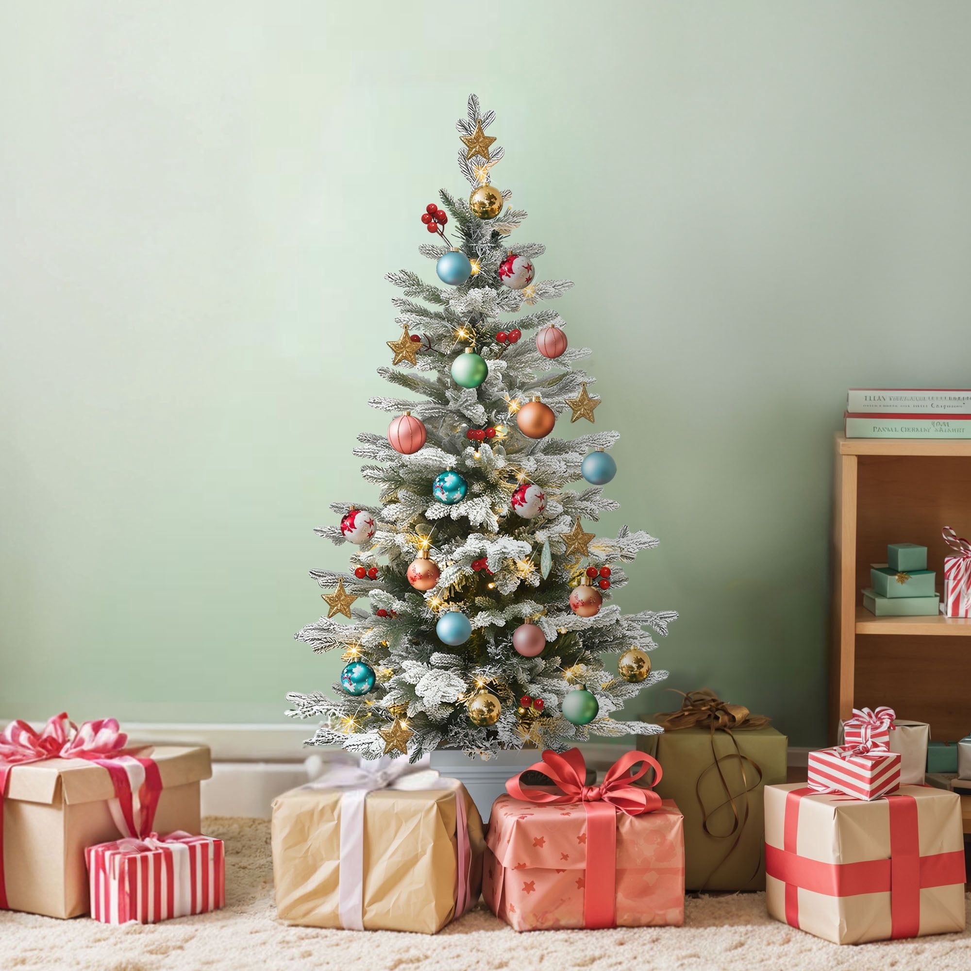 Uforic 4.5ft Potted Pre-Lit Flocked Pencil Christmas Tree with 358 PE & PVC Tips & 100 Lights, White Flocked