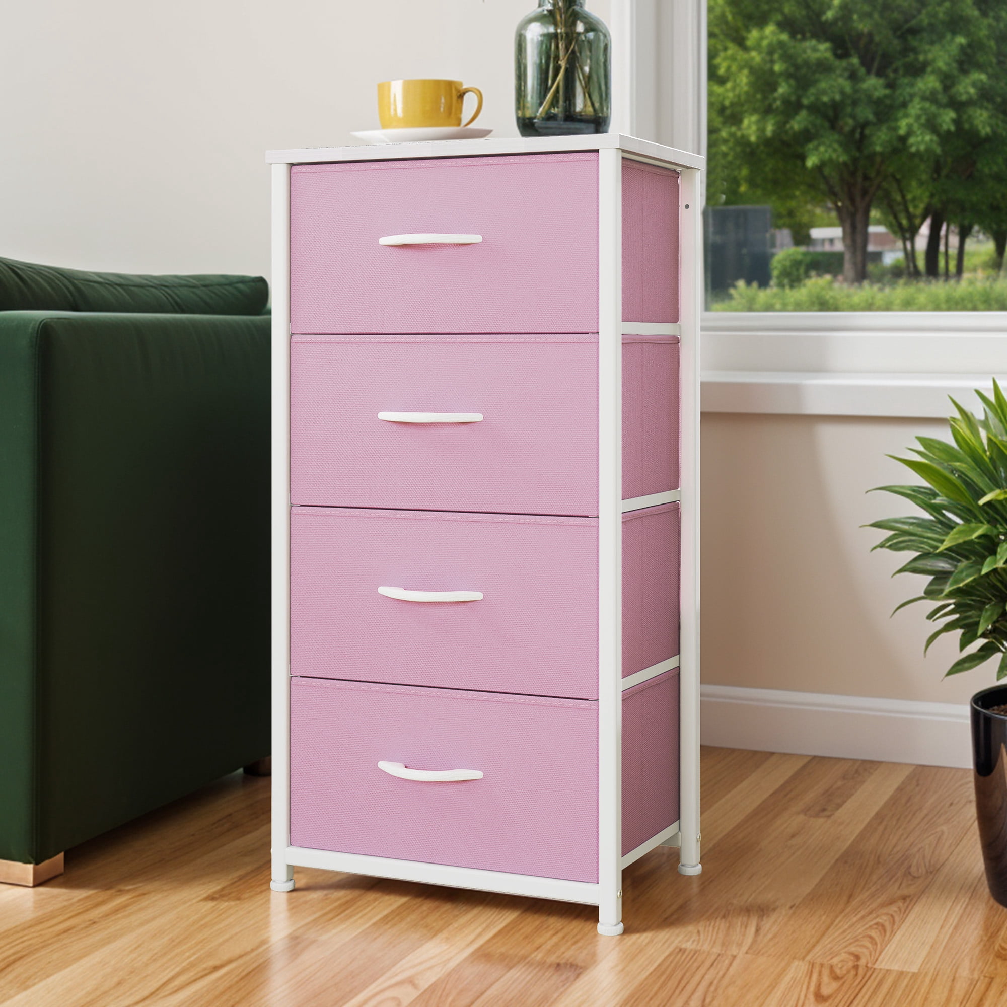 Uforic 4 Drawer Dresser Fabric Chest of Drawers Furniture Storage Organizer for Living Room,,Hallway, Pink