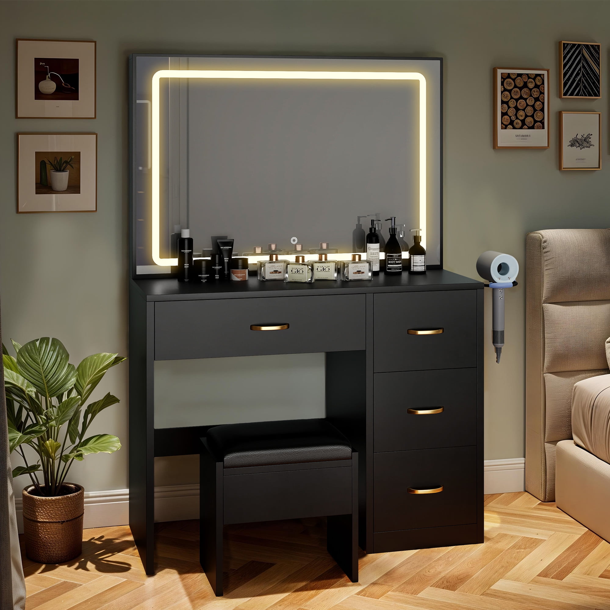 Uforic Black Makeup Vanity Desk with Lighted Mirror and Storage, 4 Drawers