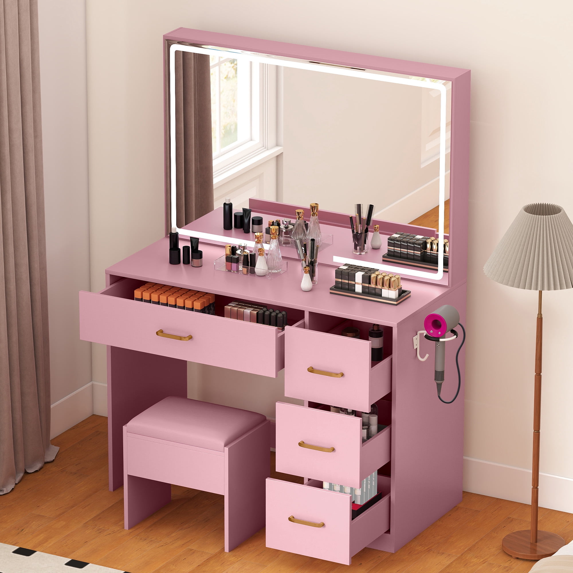 Uforic 4 Drawers Makeup Desk with LED Mirror, Vanity Table with Power Strip, Stool, Pink