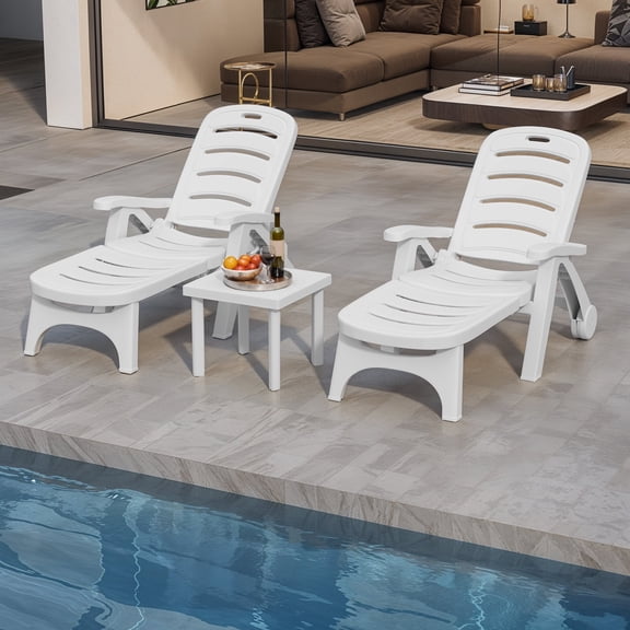 Uforic 4 Pcs Outdoor Chaise Lounge on Wheels, PP Plastic Folding Patio Chair with 5-Level Adjustable Backrest